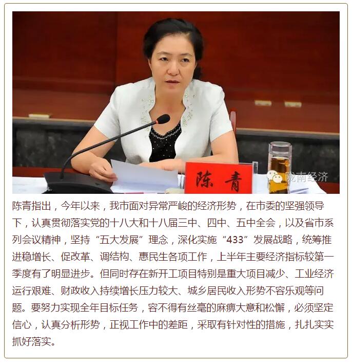 陳青在市政府全體會(huì)議上強(qiáng)調(diào)：緊盯一個(gè)目標(biāo)抓好九大任務(wù)落實(shí)強(qiáng)化三項(xiàng)保障，確保全市經(jīng)濟(jì)社會(huì)持續(xù)快速發(fā)展